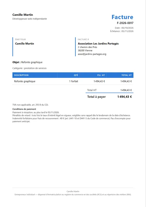 Exemple de facture produite par AFE, avec mentions légales et conditions de paiement
