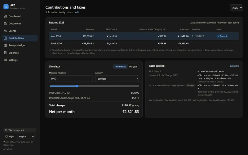 AFE Contributions and taxes screen: returns by period, amounts due, deadlines and a simulator