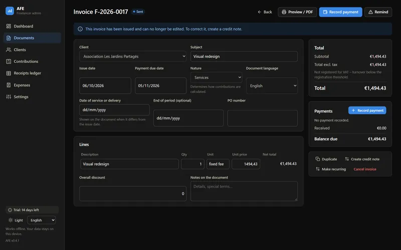 AFE invoice editor: client, service lines, total, payments and reminder