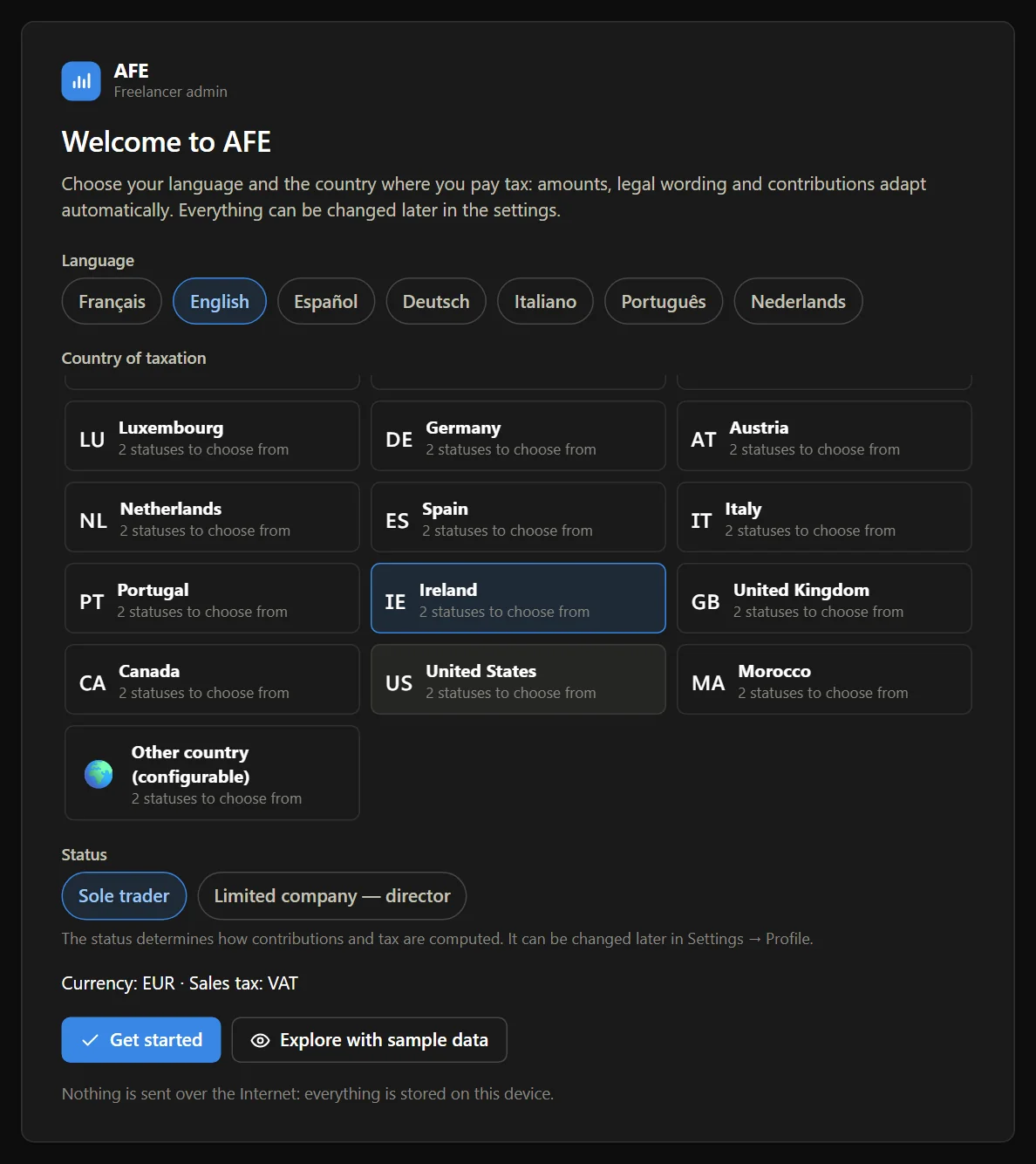 AFE first-launch screen: choosing the language, the country of taxation and the status
