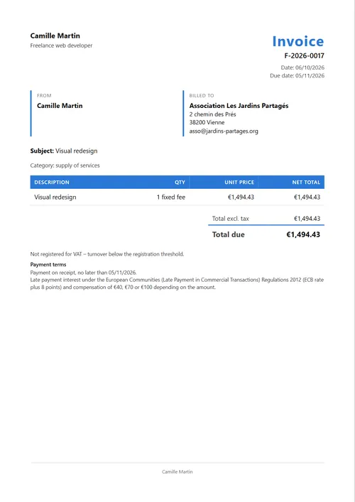 Sample invoice produced by AFE, with legal wording and payment terms