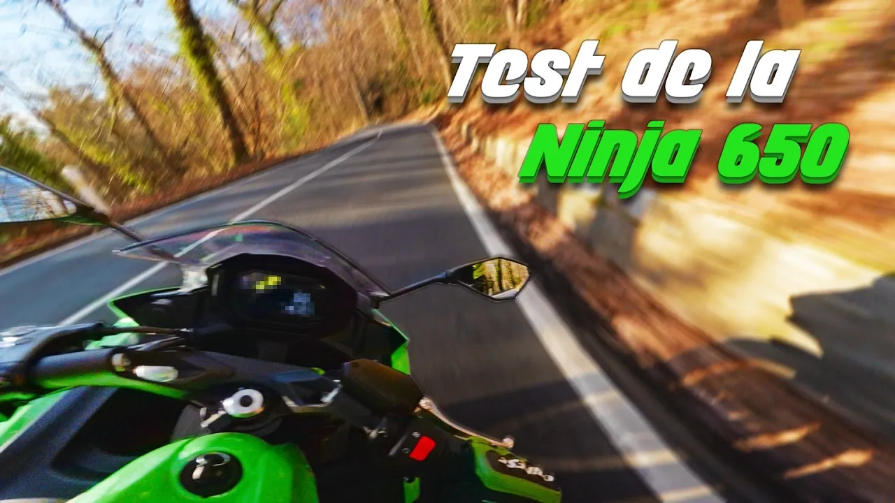 Vue embarquée sur la Kawasaki Ninja 650 verte, route forestière