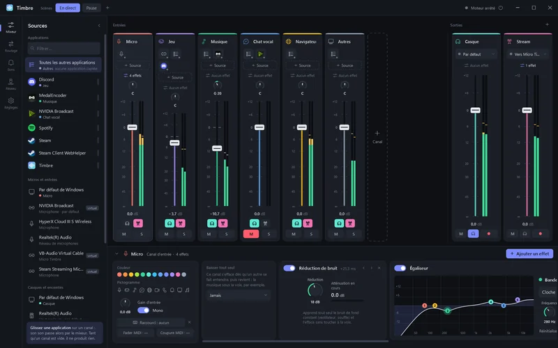 Console de mixage : canaux Micro, Jeu, Musique, Chat vocal, Navigateur et Autres, sorties Casque et Stream, effets du micro en bas