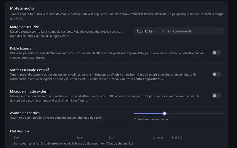 Réglages du moteur audio : marge de sécurité, faible latence, modes exclusifs, avance des sorties, état des flux