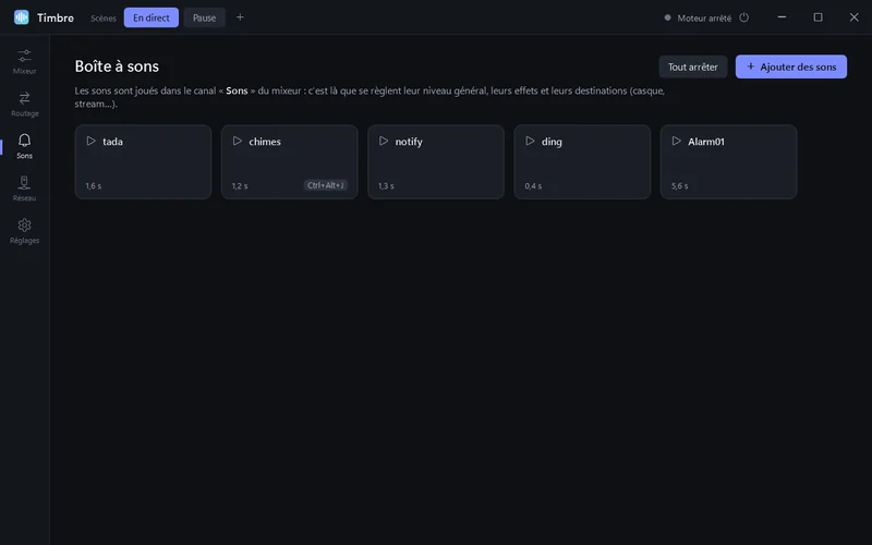 Boîte à sons : cinq sons prêts à être déclenchés, dont un avec un raccourci clavier